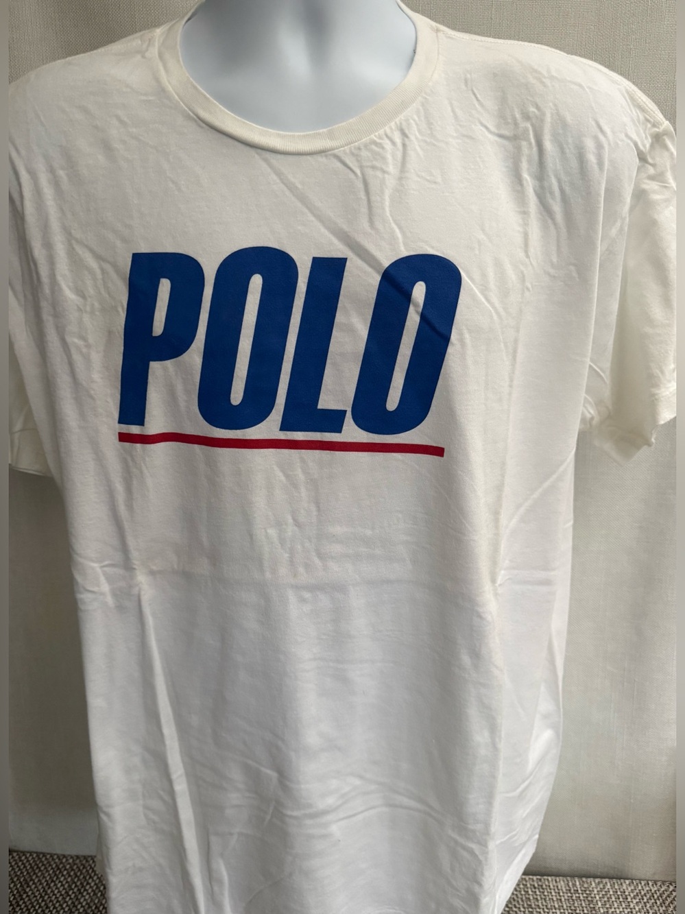Ralph Lauren White Short Sleeve Tee with Blue POLO Logo and Red Accent
